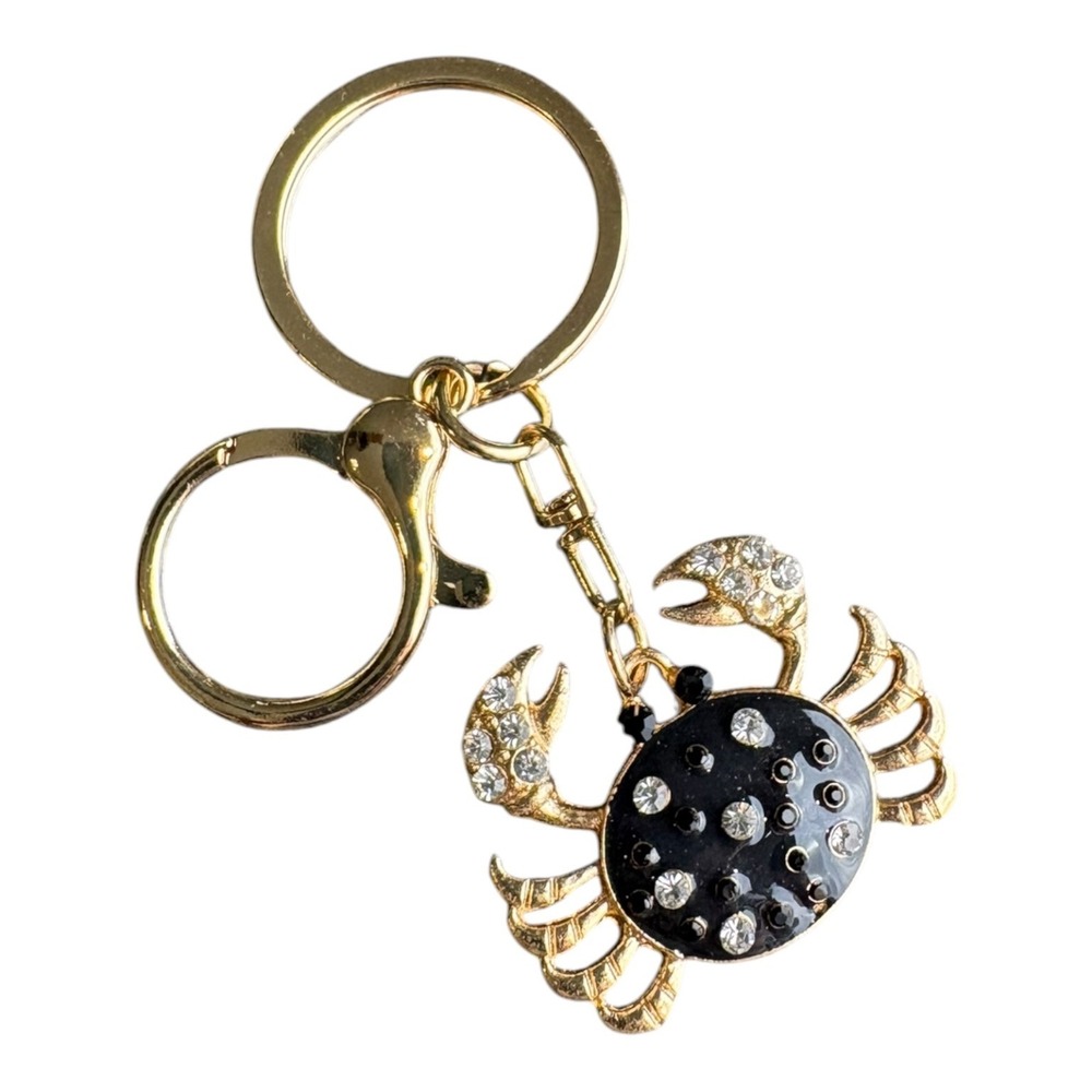 Women's Key Chain Gold Black 3" Crab Charm Rhinestone Metal